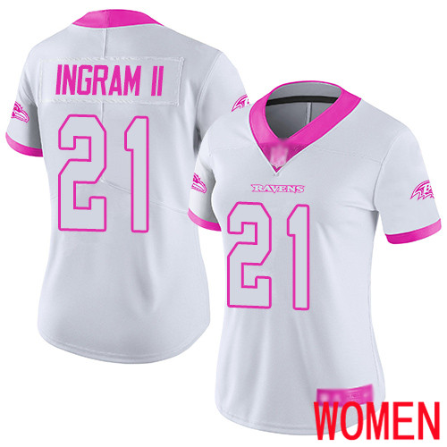 Baltimore Ravens Limited White Pink Women Mark Ingram II Jersey NFL Football #21 Rush Fashion->women nfl jersey->Women Jersey